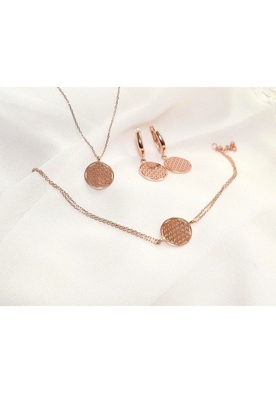 Brezza Lusso Jewelry Rose Gold Gümüş Yaşam Çiçeği Kadın Kolye Küpe Bileklik Seti