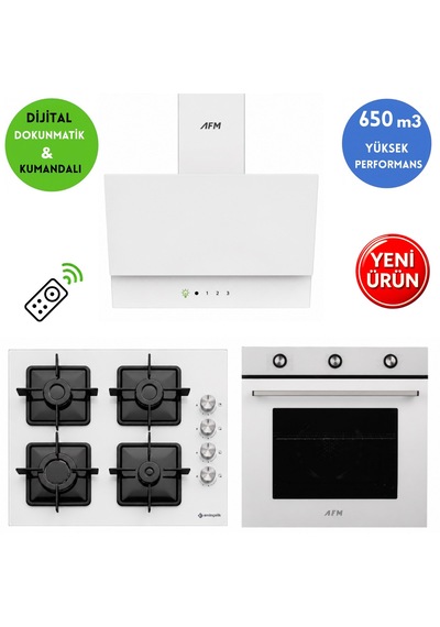 Eminçelik Ve AFM Tech Bueno Turbolu 12 226 - FM7601 - FM3401W Beyaz Cam Ankastre Set
