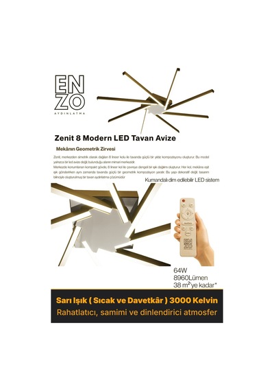 Zenit 8 Silver Led Tavan Avize Kumandalı Dim Edilebilir Aşağı Işık Sarı Işık