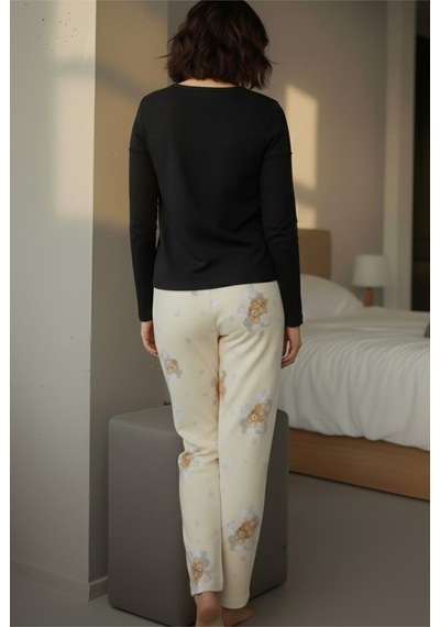 Siyah İnci Pamuklu Örme Pijama Takım 7975 Krem Ayıcık
