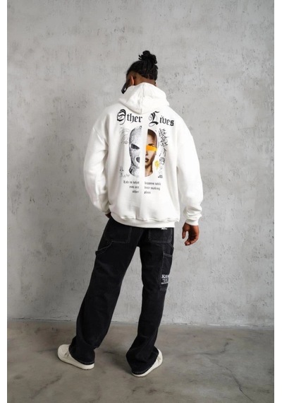 Valensdesign Oversize Üç İplik Şardonlu Kapüşonlu Sweatshirt Beyaz Other Lives Ön Ve Arka Baskılı, Kanguru Ce