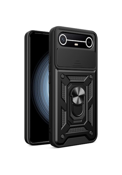 Maks Technology Tecno Spark Slim 5g Kılıf Magnetik Standlı Kamera Korumalı Mkst Sürgülü Vega Kapak - Siyah