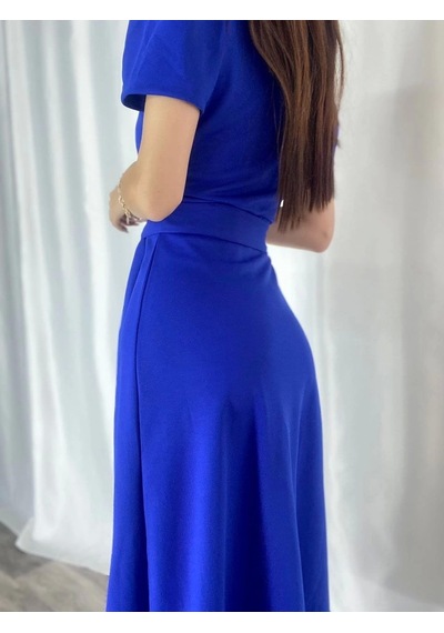 Defymoda Kadın Kruvaze Yaka Midi Boy Kuşaklı Krep Elbise 120 Cm Saks Mavi