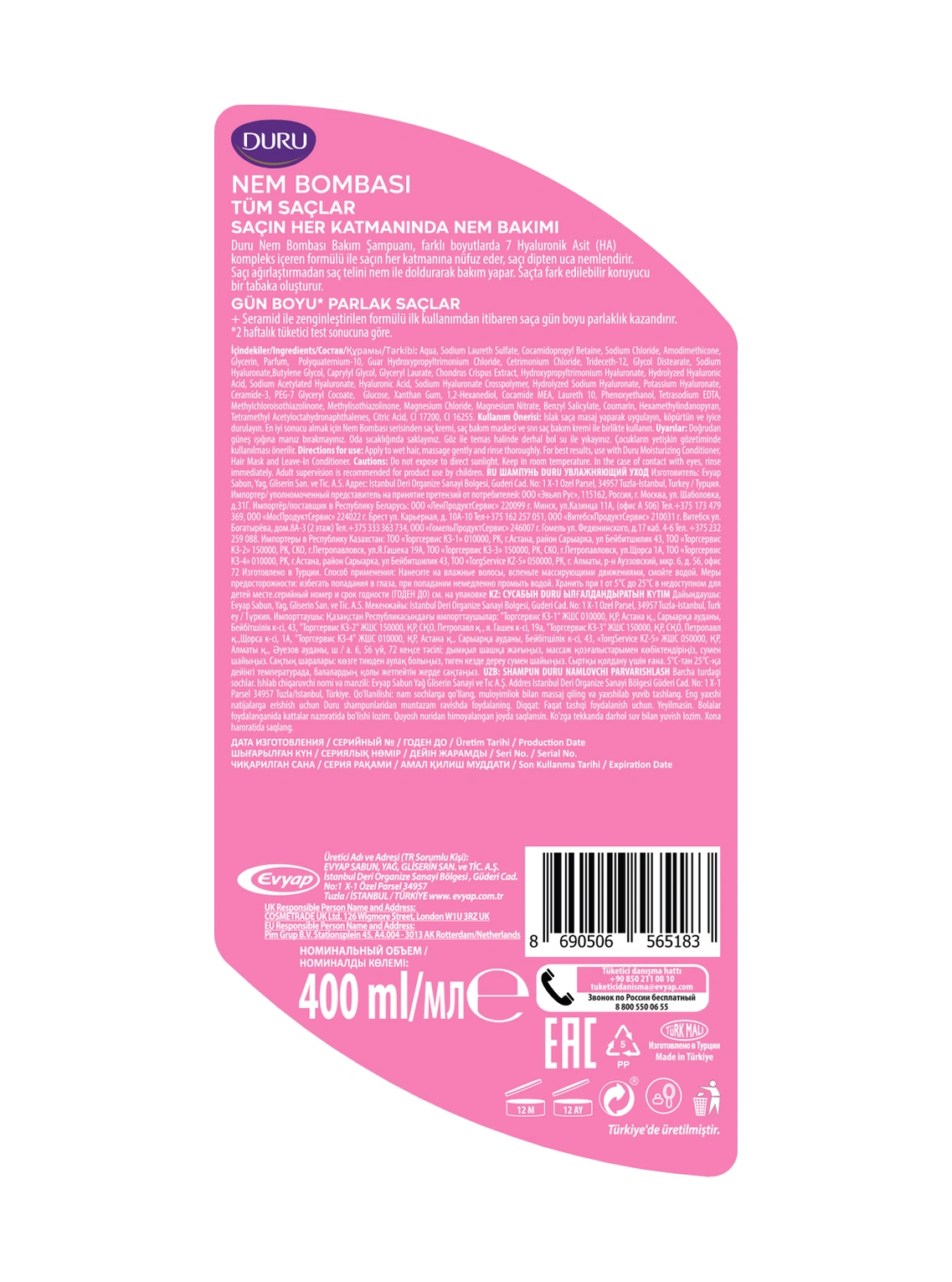 Duru Nem Bombası Tüm Saçlar İçin Şampuan 3x400 Ml