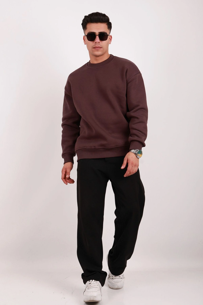 Erkek Standart Fit Bol Kesim %100 Pamuklu Içi Şardonlu 3 Iplik Bisiklet Yaka Sweatshirt Kahverengi