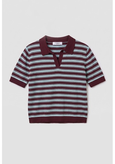 Kadın Bordo Çizgili W6-35 Oversize Polo Yaka Triko