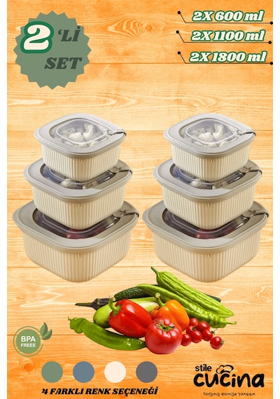 6'lı Mikrodalga Ve Difriz Kullanımına Uygun Vakumlu Sızdırmaz Saklama Kabı Seti 2x 600-1100-1800 Ml Bej