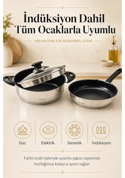 22 Cm Seramik İç Yüzeyli Çelik Tencere Tava Seti, Süzgeçli Cam Kapaklı 3 Parça, Tüm Ocak Uyumlu Gümüş