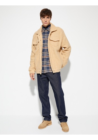 Koton Oversize Peluş Ceket Çift Cepli Polo Yaka Çıtçıt Düğmeli Bej 4wam50029mk 4WAM50029MK057 Ekru