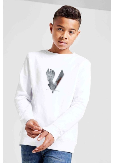 Tshirthane Vikings Amblem Logo Baskılı Unisex Çocuk Beyaz Sweatshirt