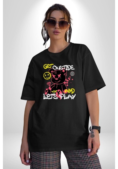 Dışarı Çık Ve Oynayalım Teddy Pamuklu Bisiklet Yaka Unisex Oversize Boyfriend Dijital Baskılı Siyah T-shirt Siyah