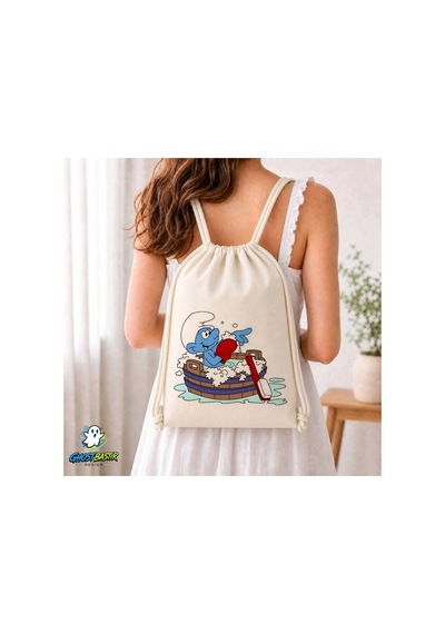 Ghostbastır Design Şirinler Büzgülü Keten Çanta C313 Bej
