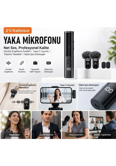 Buffer 2'li Kablosuz Yaka Mikrofonu, Type-c Uyumlu, Gürültü Engelleme Özellikli Ve Tripod'a Takılabilir Dijital Şarj Gös