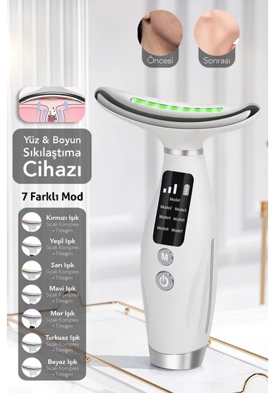 Boyun Ve Yüz Masaj Cihazı - 7 Modlu Led Işıklı Titreşimli Gıdık Sarkma Kırışıklık Güzellik Cihazı Beyaz