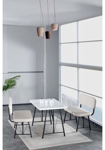 Hayat 70x110 Beyaz Mutfak Masası, Mutfak Masası Takımı, Yemek Masası, 2 Benchli - Krem Açık Gri