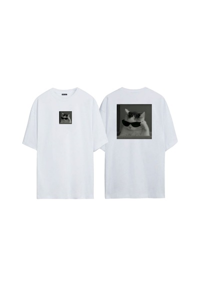 Thewert Unisex Gözlüklü Kedi Ön Arka Baskılı Beyaz Oversize T-shirt