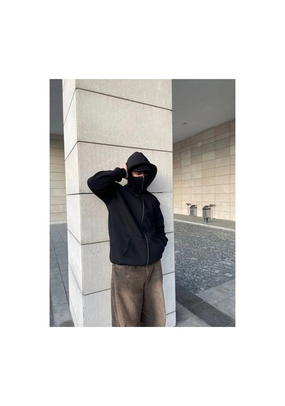 Samuray Ninja Çift Kapşonlu Zıp Fermuarlı Kanguru Çepli Tam Fermuarlı Hoodie Swetshirt - Siyah
