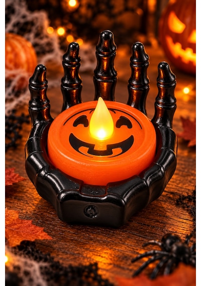 Halloween Cadılar Bayramı Led Işıklı İskelet El Mumluk Siyah Turuncu Balkabağı Dekoru 6x6 Cm Renkli