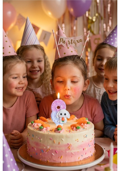 Sevimli Tavşan Figürlü Pembe-beyaz Rakam Mum Doğum Günü Pasta Süsü