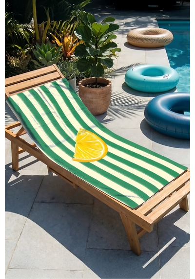 Limon Çizgili Premium Plaj Havlusu - Tropikal Modern Yeşil Sarı Hızlı Kuruyan Mikrofiber Havlu Çok Renkli