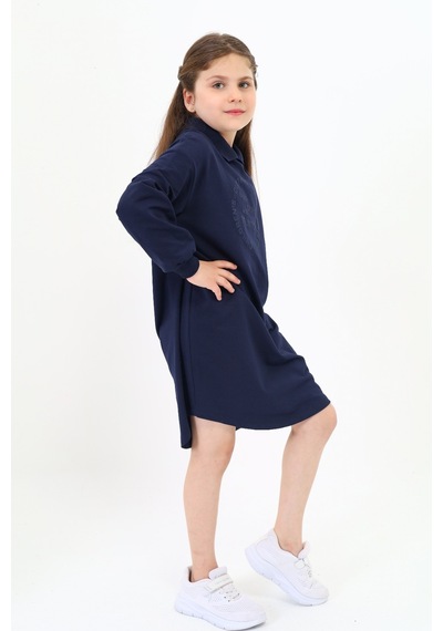 Kız Çocuk Baskılı Oversize Polo Yaka Uzun Kollu Elbise Lacivert