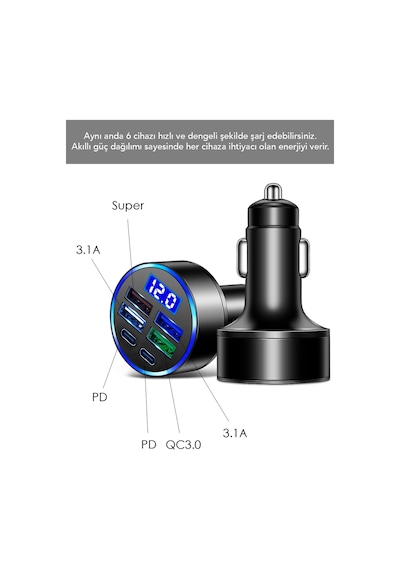 6 Çıkışlı Araç Şarj Aleti - 66w Araç İçi Çakmaklık Süper Hızlı Şarj Aleti Type-c Usb Çıkışlı