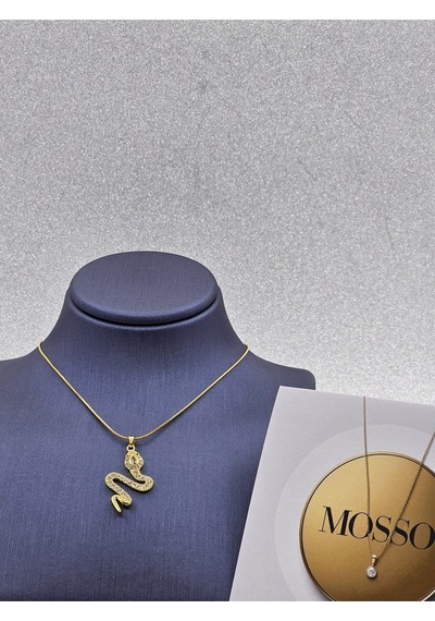 Yılan Model Gold Renk Zirkon Taşlı Çelik Kolye Altın