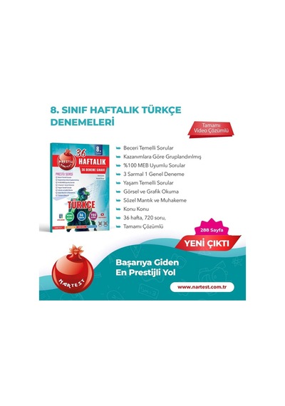 Nartest 8. Sınıf Haftalık Türkçe Denemeleri Prestij Serisi