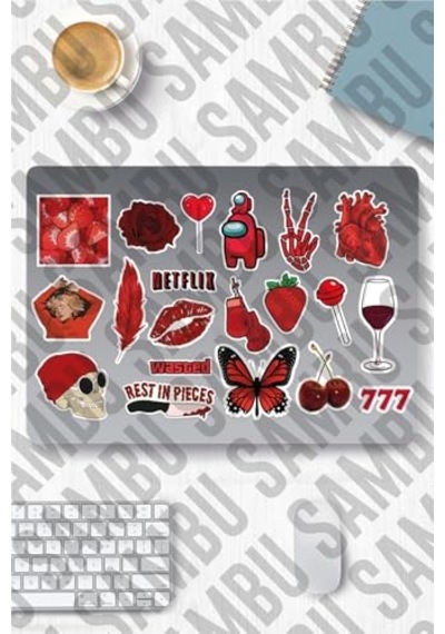 Red Aesthetic Temalı Sticker Etiket Seti 1 - Kırmızı Sticker - Laptop Notebook Telefon