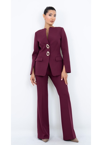 Dorne Moda Kadın Gold Halka Düğme Detaylı Ceket Pantolon Takım bordo