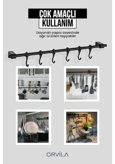 Siyah Metal Mutfak Ve Banyo Askısı 6 Kancalı Askı Demiri 42 Cm Çubuk