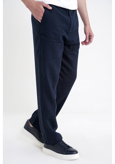 Oversize Kalıp Yan Cep Beli Lastikli Lacivert Keten Pantolon P 1216