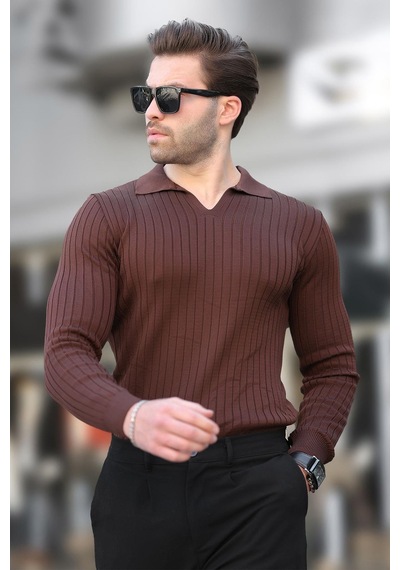 Madmext Kahverengi Polo Yaka Çizgili Uzun Kollu Erkek Kazak 7289 Kahverengi