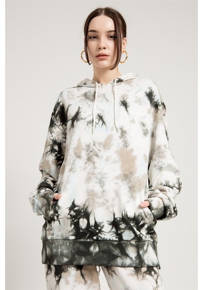 Jahr Marc Batik Yıkamalı Gri Oversize Kapüşonlu Sweatshirt