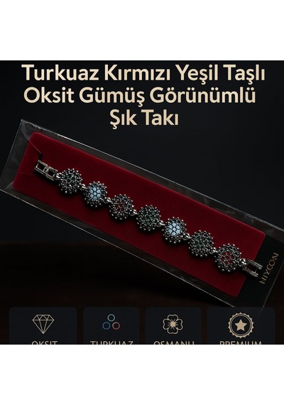 Vintage Osmanlı Tasarım Kadın Bileklik Turkuaz Kırmızı Yeşil Taşlı Oksit Gümüş Görünümlü Şık Takı Antik Gümüş