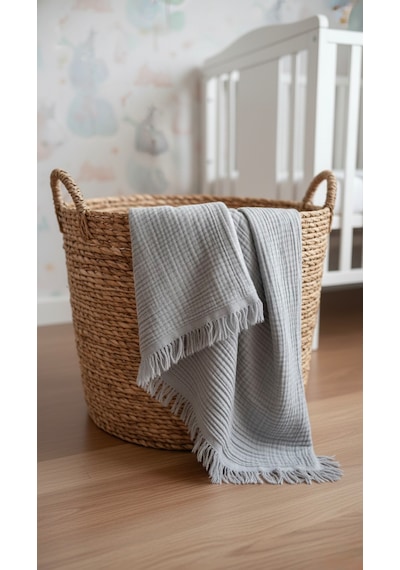 4 Katlı %100 Pamuk Müslin Saçaklı Bebek Battaniye (100x120 cm)(250 Gram) Açık Gri