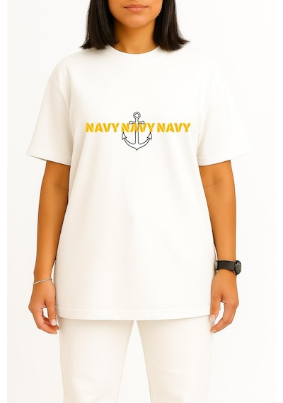 Bahriyeli Collection Oversize Chest Trio Navy Anchor Göğüs Ve Sırt Baskılı Unisex T-shirt Beyaz