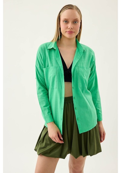Vitrin Basic Oversize Önden Cepli Gömlek Yeşil