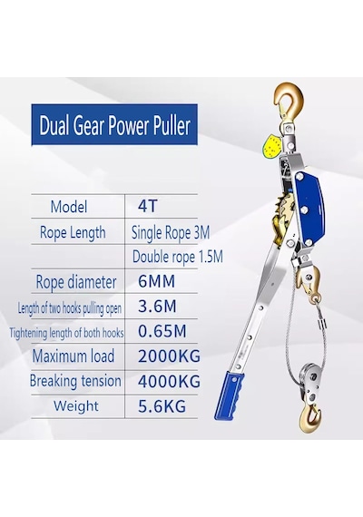 Bu 1 Tonlu/2 Tonlu/3 Tonlu/4 Tonluk Yüksek Performanslı Çelik Halatlı Çift Dişli Ve 2 Kancalı, Elle Kolayca Çekm