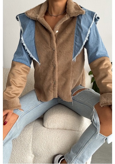 Femelle Kadın Bej İçi Süet Denim Kot Detaylı Çıtçıt Düğmeli Mont