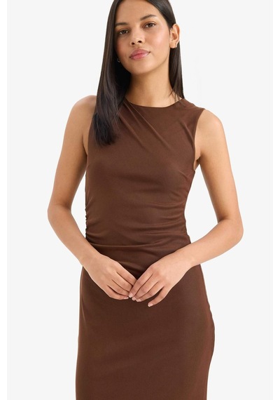 Defacto Bodycon Vücudu Saran Yuvarlak Yaka Tül Kolsuz Midi Elbise D8036ax25aubn320 Kahve