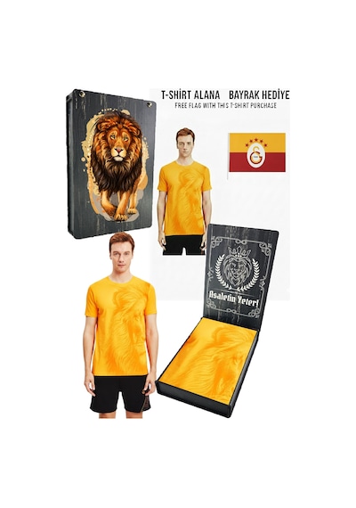 Gsstore Galatasaray Lisanslı Aslan Baskılı Sarı T-shirt Bayrak Ve Uv Kutu Hediyeli Sarı