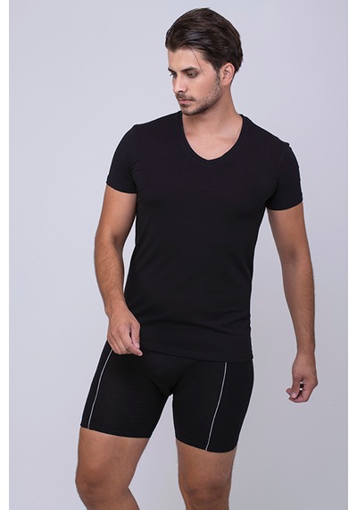Çift Kaplan Erkek Elastanlı V Yaka T-shirt 0956 3'lü Siyah