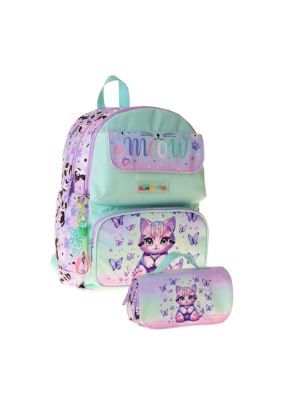 Kaukko Kids Meow Yeşil - Mor Kız Çocuk İlkokul Sırt Çantası Ve Kalem Çantası Seti - Setkk-l5288c Çok Renkli