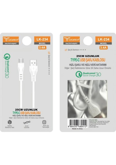 Lucatech Lk-234 Type-c Usb Şarj Kablosu 25cm 20w 3.4a