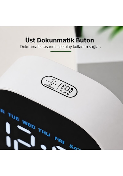 Valkyrie Led Dijital Masa Saati Mavi Derece Çift Alarm Sıcaklık Göstergesi 3 Kademe Parlaklık Modern Saat Beyaz