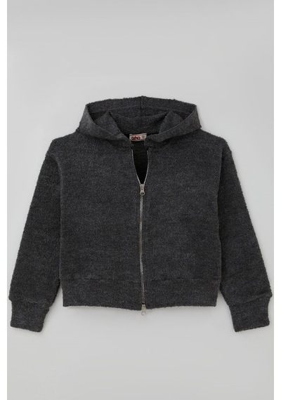 Orko Kız Çocuk Peluş Crop Hırka Kapüşonlu Fermuarlı 10-16 Yaş , Füme Melanj