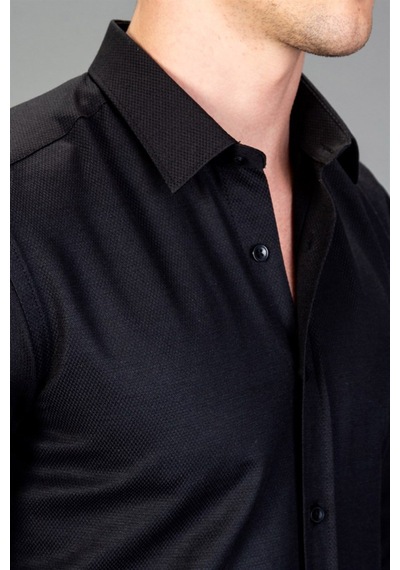 Tudors Modern Slim Fit Dar Kesim Armürlü Erkek Gömlek-13859 Siyah