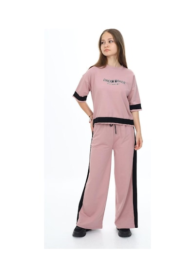 Kız Çocuk %100 Pamuk Oversize Yarım Kol Alt-üst Eşofman Takım-eşt-0017 Pudra