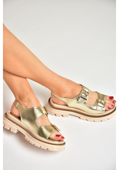 Fox Shoess437302209 Altın Kalın Tabanlı Kadın Sandalet Altın